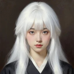 a japanese princess young lady, with white hair and bangs!!!! beauty. highly detailed painting by gaston bussiere, craig mullins, j. c. leyendecker 8 k