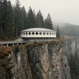 A beautiful matte drawing of a ellipse-shaped building with rounded windows, standing on a large cliff near a coniferous forest. A thin stone bridge goes over the cliff. View from afar, photorealism, fog, 8k, 16k