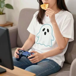 a fish that has the torso of a human woman wearing a shirt that has a cartoon ghost design on it, playing a video game on a couch and eating chips, painting