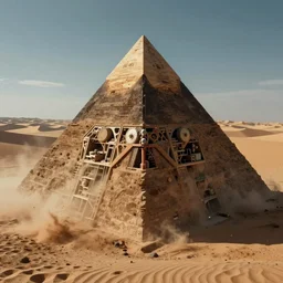 autochrome of mechanical pyramid upside-down dust volumetrics desert in the style of Straylight Dune Villeneuve, grunge, saturation, over amplified