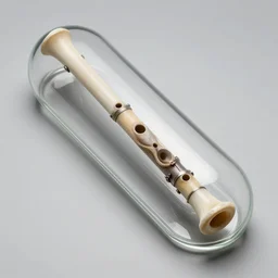a bone flute inside of a glass cover, the glass cover is inside of a museum, in the reflection of the glass you can see a group of people.
