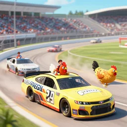 nascar talladega race but instead of cars the drivers are on top of chickens