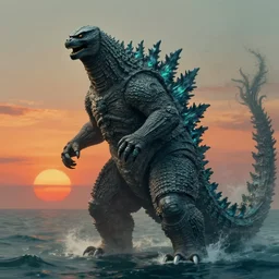 godzilla, deep sea, sunset, portrait by gerald brom, by mikhail vrubel, by peter elson, muted colors, extreme detail, trending on artstation, 8 k