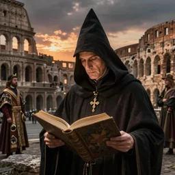 half portait of magican wearing a closed cowl and reading big old book! jeremy mann, jean leon gerome, tiepolo, alphonse mucha, greg rutkowski, face in the shadows, ( ( ruins of ancient rome ) ), at dusk, mysterious atmosphere, sunrays, dof, masterpiece, high detailed, 8 k
