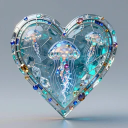intricate crystal glass centered symmetrical heart with multicolored gems, jellyfish, glass, ice. by casey baugh, by rembrandt, mandelbulb 3 d, turquoise rust, stained glass, unreal engine, volumetric lightning