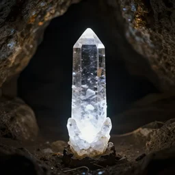 a tall glowing crystal is sitting in a dark cave, clear focus, bokeh effect, high res, hasselblad, dslr, professional, cinematic