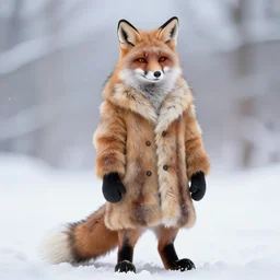 an anthropomorphic fox man wearing a long fur coat and mittens in a snowy village, character illustration by greg rutkowski, thomas kinkade, Howard Pyle, El Greco, Cynthia Sheppard, disney