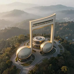 an aerial photograph of a building shaped like a music note. the building is on top of a misty hill, smooth, photorealistic, global illumination, radiant light, intricate and detailed environment