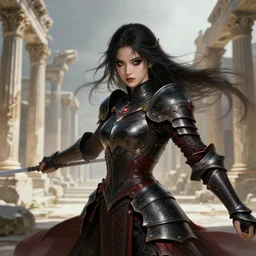 knights of zodiac girl + smoky eyes, black and reddish armor, knight fight cinematic shot, in ruined agora of athens, ssci - fi and fantasy, intricate and very very beautiful and elegant, highly detailed, digital painting, artstation, concept art, smooth and sharp focus, illustration, art by tian zi and wlop and alphonse mucha