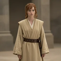 ( ( ( ( ( katniss everdeen ) ) ) ) ) wearing tan - coloured jedi - robes!!!!!!!!!!, photography, 4 k / 8 k