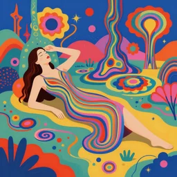a colorful vibrant psychedelic landscape in the shape of a woman lying down and dreaming psychedelic hallucinations, by moebius, edward hopper and james gilleard, zdzislaw beksinski, steven outram colorful flat surreal design, hd, 8 k, artstation