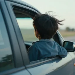 a cinematic shot of a boy from behind his back looking out of his car window and his hair flowing due to the wind