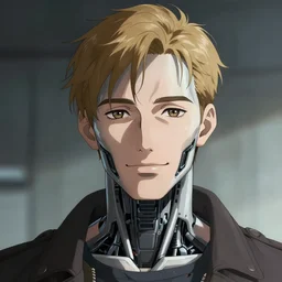 portrait of a male friendly and peacful transhuman in anime and cyberpunk style, robotic face, realistic shaded lighting, magali villeneuve, artgerm, rutkowski