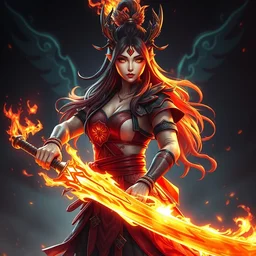 japanese fire warrior goddess with a flaming sword, epic character portrait, insanely detailed, digital art, pixiv, much wow, wallpaper, 3 d style, shaded, radiant light, illuminated.