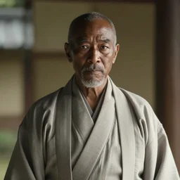 a film still of an old black man starring in a japanese blockbuster film as ancient sensei, wise, shallow depth of field, cinematic, award winning cgi, vfx, film still