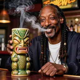 a closeup photorealistic photograph of happy blunt smoking snoop dogg at trader vic's bar sitting next to a trader vic's style tiki mug featuring the face of snoop dogg. tiki culture. bright scene. 4 k hd image that's trending on artstation, featured on behance, well rendered, extra crisp, features epic composition and the style of unreal engine.