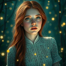 amazed and serene young woman, surrounded by firefly lights, full covering intricate detailed dress, amidst nature, long red hair, precise linework, accurate green eyes, small nose with freckles, beautiful smooth oval shape face, empathic, expressive emotions, dramatic lights, hyper realistic ultrafine art by artemisia gentileschi, jessica rossier, boris vallejo