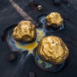 golden boulders, black volcanic rock with colorful pools of bright milky paint, birds eye view