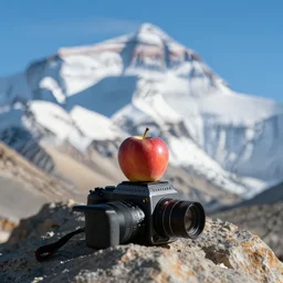 an apple is sitting on the peak of mount everest, sharp focus, bokeh effect, hasselblad, dslr, professional photo