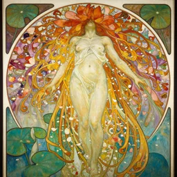 a beautifull intricate painting of a disembodied soul surrounded by flowing flower petals and waterlily leaves, vivid colors, artstation, by jeremy mann, by alphonse mucha, intense colors, octane render