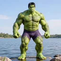 hulk at a lake wearing speedo, picture, realistic, detailed eyes, full body
