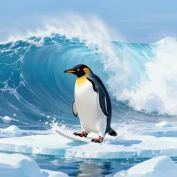 penguin surfing on a ice floe on a hughe wave, trending on artstation