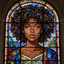 ebony woman stained glass portrait in glorious cathedral temple, magnificent curly hair, beautiful dark-brown skinned female, symmetrical face, beautiful eyes, fine art, art nouveau masterpiece, art deco, semi realistic anime, museum quality work, cel shaded, art style of John Collier, Moebius, Studio Ghibli, cinematic, widescreen, 4K
