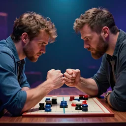 Man pit against his mortal enemy in a thumb war for the fate of reality. Digital art. Masterpiece. Trending on Artstation and CGsociety. World's greatest artistry. HDR. 4k. Amazing incredible awesome awe-struck fantastic intriguing. Creative use of colors. Fantastic lighting.