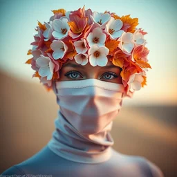 humanoid in flower mask, autumn, perfect face, sharp focus, directed gaze, haute couture, editorial photoshoot, pastel colors, vivid, fashion photography, cinematic lightning, sand dunes, portrait photography, 8 k hd in the style of zdzisław beksinski
