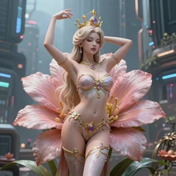 Beautiful 3d render of the flower queen goddess in a sensual pose, in the style of Dan Mumford, with a crowded futuristic cyberpunk city in the background, astrophotgraphy