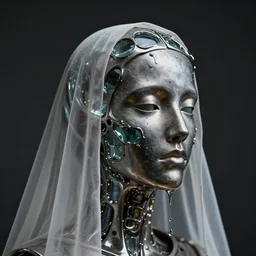 a head made out of metal and glass melting, dark palette, it is wearing a veil, there are flowers all around it, blue paint melting, vogue cover style, depth of field, greg rutkowski style