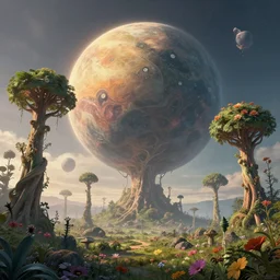 an incredible illustration of a morning on a beautiful alien planet with strange trees and flowers, by david a hardy, moebius, noriyoshi ohrai, gary ruddell, greg rutkowski highly detailed, cinematic composition, trending on artstation, highly detailed
