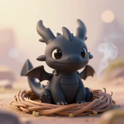 a portrait of a cute happy tiny black chibi dragon in a nest, smoke, black eyes, artstation, by magali villeneuve, depth of field, beautiful lighting, pastel colors, bokeh, fantasy art