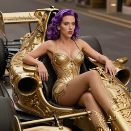 goddess scarlett johanson in a racing car, purple hair, seductive pose, golden ratio, ornemental, curvaceous, elegant, intricate, artstation, 8 k, ultra detailed.