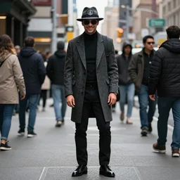 ! dream full body shot of an enigmatic mysterious man, smiling, face unseen by wearing a logo - patch woven fedora and chopard sunglasses, expensive outfit, elegant, casual, intricate, stands amongst a crowded street of ny