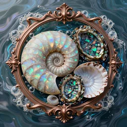 art nouveau cresting oil slick waves, hyperdetailed bubbles in a shiny iridescent oil slick wave, ammolite, detailed giant opalized ammonite shell, black opal, abalone, paua shell, ornate copper patina medieval ornament, rococo, oganic rippling spirals, octane render, 8 k 3 d