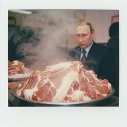 close up medium shot of vladimir putin and giant dish full of raw meat in butchery, cinematic focus, polaroid photo, vintage, neutral dull colors, soft lights, foggy mist, by oleg oprisco, by thomas peschak, by discovery channel, by victor enrich, by gregory crewdson