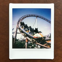 black cat on a rollercoaster looping. sunlight. polaroid photo. bright colors.
