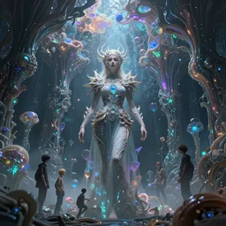 an ethereal Weirdcore Mesmerizing portrait of biomorphic Empress Queen of Cosmic Creation, inside forgotten Sentient iridescent mycelum cathedral, solarpunk , Elden Ring concept design. By Hiroshi Yoshida, Dean Ellis, Ayami Kojima, Greg Tocchini, James Jean,Yoshitaka Amano. Octane Render.