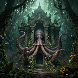 A sinister and abandoned temple With a scary huge squid, surrounded by vines and flowers , in a jungle, Lovecraft, horror, well detailed, 8k, by Thomas Kinkade and Albert Bierstadt