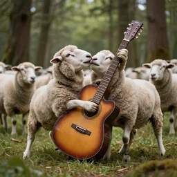 sheep grabbing a guittar in the middle of the forest, 8K, HD