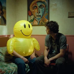 still from a 1993 arthouse film about a depressed housewife dressed as a squishy inflatable smiley who meets a handsome younger man in a seedy motel room, color film, 16mm soft light, weird art on the wall