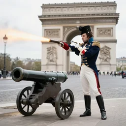 macron dressed as napoleon, firing a cannon, streets of paris, photography by steve mccurry and david lazar, volumetric lighting, very detailed face, artstation, press, magazine