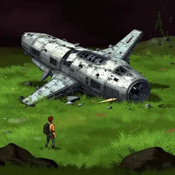 next to the wreckage of a crashed spaceship on a grass field, on an alien planet, from a sierra point and click 2 d graphic adventure game, set design inspired slightly by ( ( tomb raider ) ), art inspired by [ [ thomas kinkade ] ] and mark keathley and greg rutkowski