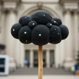 realistic photo of a scientific model of black cloud covered with tiny stars made of white clay, mounted to a wooden branch stick, front view 1 9 9 0, life magazine reportage photo, metropolitan museum photo