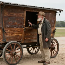 the famous snake oil salesman Uncle Aloysius opening up his wagon as the stock markets explode with bullishness, painting by Grant Wood, 3D rendering by Beeple, sketch by R. Crumb