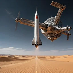cinematic silk road lanscape, rocket ship in the sky, gigantic space station, science fiction scene, epic lighting, cinematic compositon, hyperrealistic
