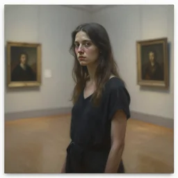 realistic! portrait studies of a woman!! in a museum! gallery, grim, solitary! by jane atche - h 8 0 0