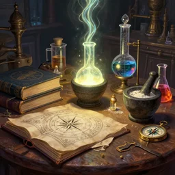cluttered, table, thick book of spells, wizards laboratory, greg rutkowski, mortar, pestle, glowing powder, compass, alembic, streams of flowing light, beakers of colored liquid, tony sart