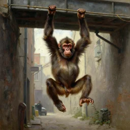 an angry baboon dangling from an overpass, in an alleyway detailed painting, epic lighting, by ilya repin, phil hale and kent williams